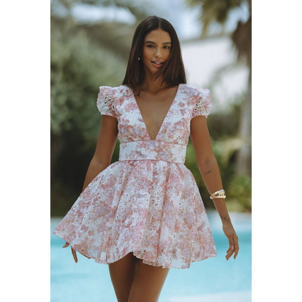 BARDOT Tamarin Broderie Short-Sleeve V-Neck Embroidered Lace Mini Dress